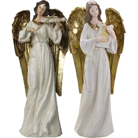 Dupla Anjos Músico Violinista Harpista em Resina Natal 38cm