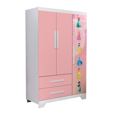 Guarda Roupa Temático Princesas Rosa 3 Portas Mdf Resistente