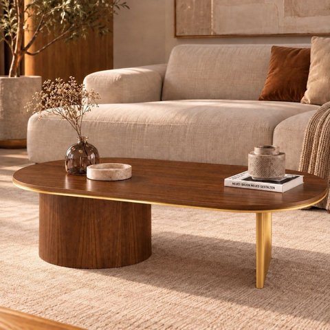 Mesa de Centro Oval Aurora 137 cm Imbuia Mel/Gold