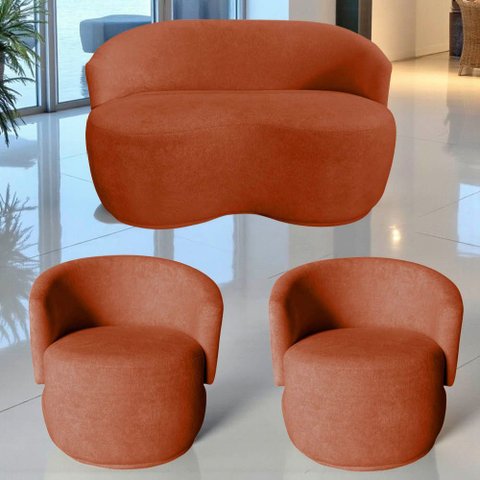 Kit Namoradeira + 2 Poltronas Decorativa Beatriz Orgânica Veludo Terracota