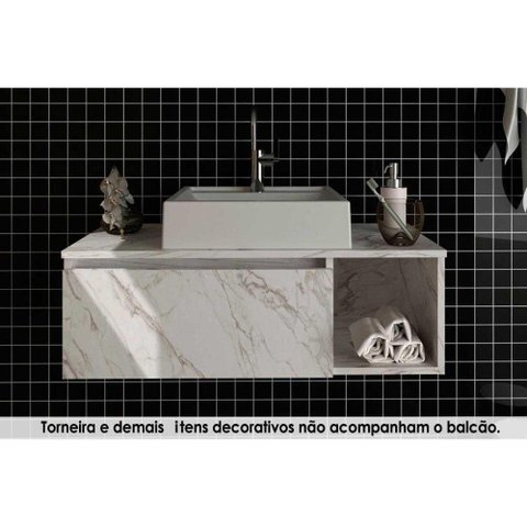 Conjunto de Banheiro Balcão Suspenso Bn3601 C/ Cuba Pia Bn3600 80cm Cor Mármore Branco - Tecno