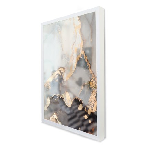 Quadro Decorativo Caixa Alta com Vidro Abstrato Mármore Gray TaColado Moldura Branca 90 x 60cm