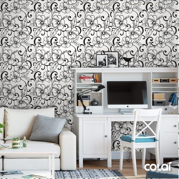 Papel De Parede Adesivo Lavável Hibisco Preto E Branco 9m - 2