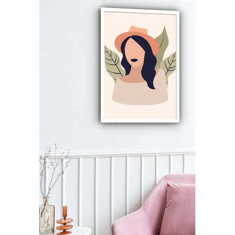 Quadro Decorativo Abstrato Mulher Folhas - 70x50cm:moldura Branca