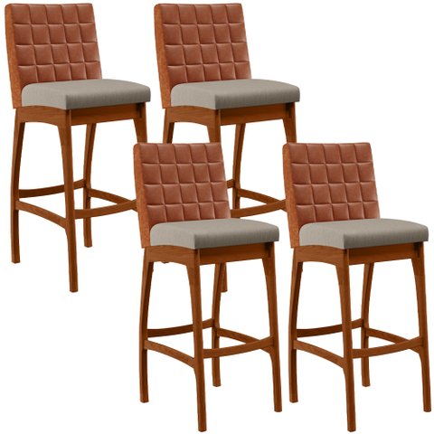 Kit 04 Banquetas Altas Cozinha Sala De Jantar Fixa Mila B04 Couríssimo Camel Linho Bege - Lyam