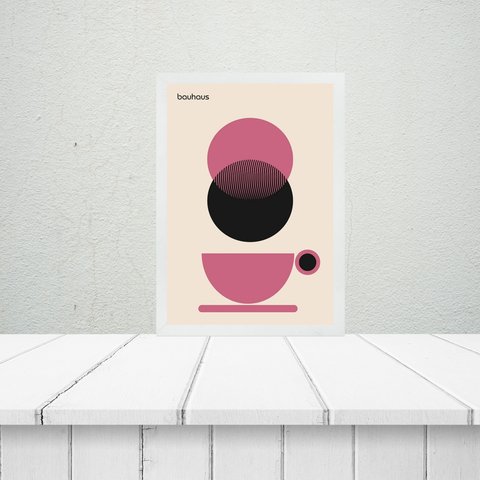 Quadro Bauhaus Xícara de Café - Rosa 24x18cm:moldura Branca
