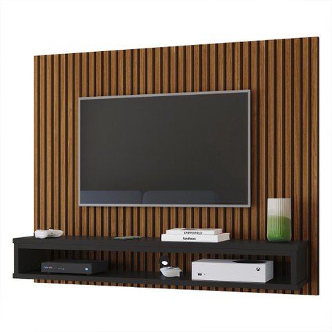 Painel Tv 50 Polegadas Nicho Decorativo Prateleira Suspenso Parede Quarto Sala Ripado Freijó/preto