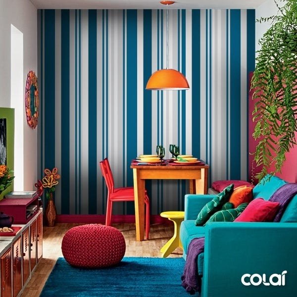 Papel De Parede Adesivo Lavável Listrado Azul Turquesa 6m - 5