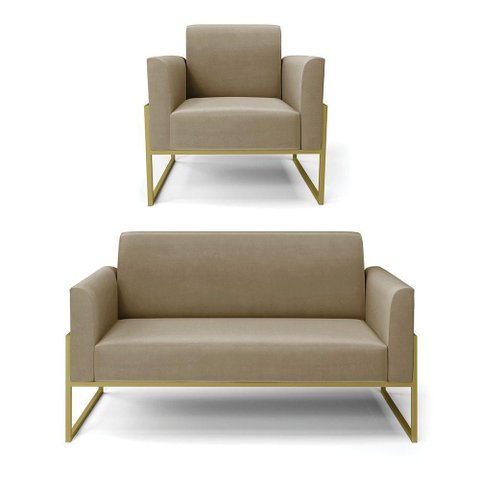 Sofá Namoradeira com Poltrona Base Industrial Alta Dourado Marisa Suede Marrom Rato D03 - D\'rossi