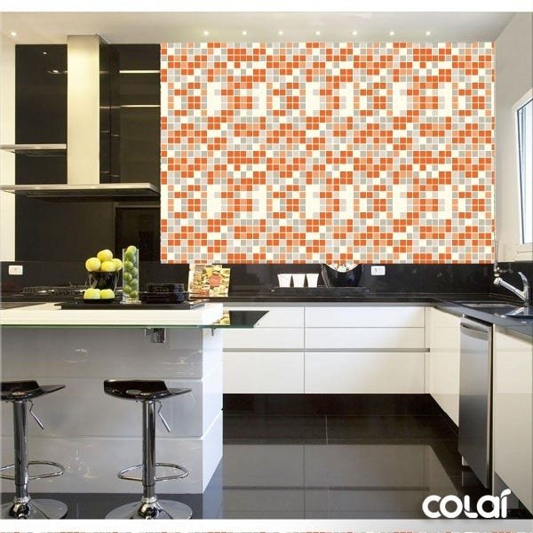 Papel de Parede Lavável Pastilhas Laranjas com Cinzas 6m - 2
