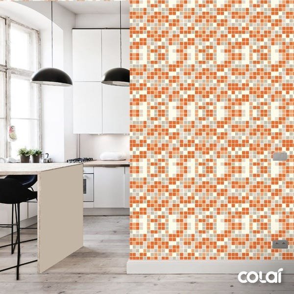 Papel de Parede Lavável Pastilhas Laranjas com Cinzas 6m - 3
