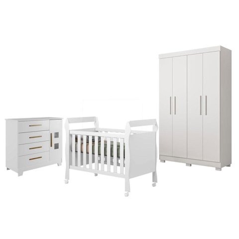 Guarda Roupa Florida com Cômoda Fly e Berço Americano Soninho Branco Acetinado - Tigus