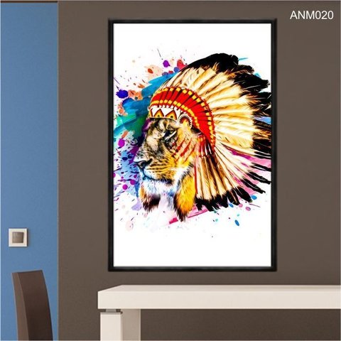 Quadro Decorativo - Leao com Coroa de Penas Indianas Colorido Pintura Anm020 - Vidro 60x40cm
