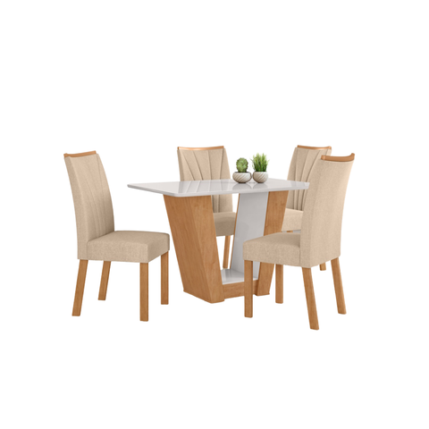 Conjunto Sala de Jantar Mesa Apogeu 120 Tampo Vidro Off White com 4 Cadeiras Apogeu - Lopas Amendoa 