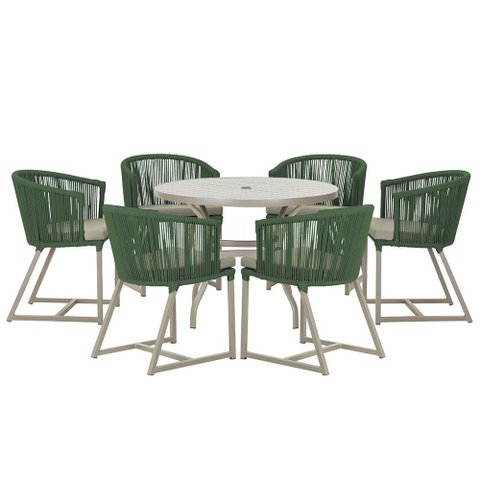 Mesa com 6 Cadeiras de Jantar Roma 120cm e Noronha em Alumínio Fendi Corda Náutica Estofado 8 Trama