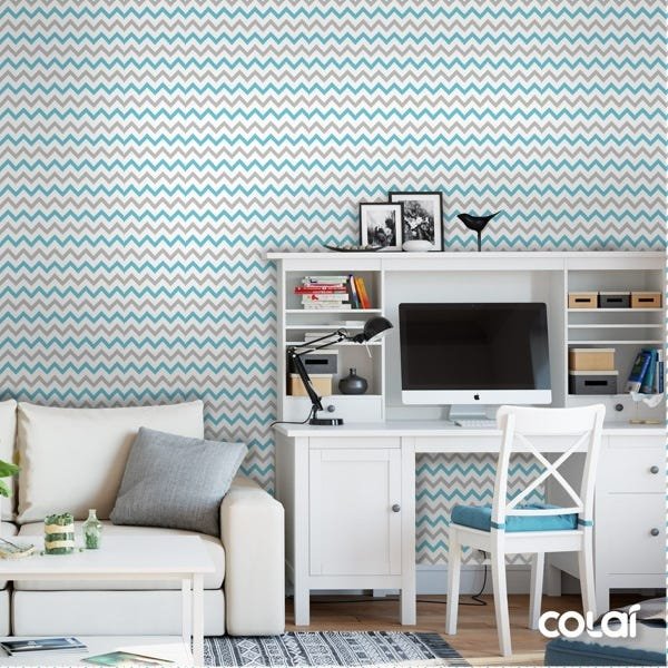 Papel De Parede Lavável Chevron Cinzas E Azuis 3m - 4