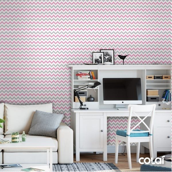 Papel De Parede Lavável Chevron Cinzas E Rosas 3m - 4