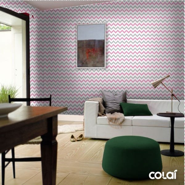 Papel De Parede Lavável Chevron Cinzas E Rosas 3m - 2