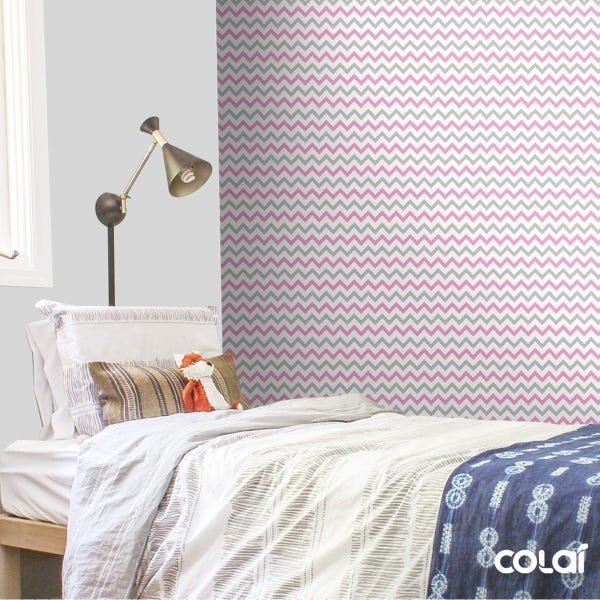 Papel De Parede Lavável Chevron Cinzas E Rosas 3m - 3
