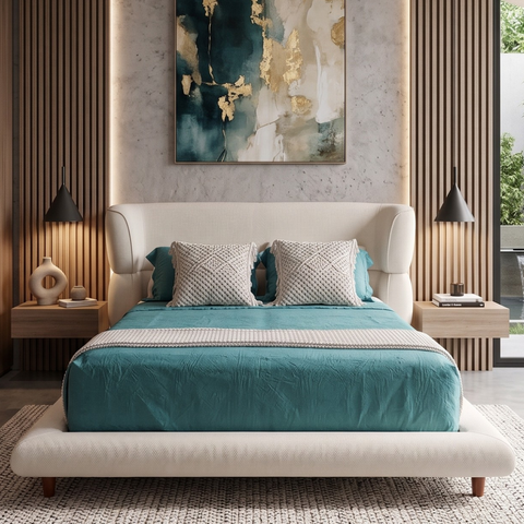 Conjunto Cabeceira com Base Cama Box Siena Casal 1,40m Linho Off White