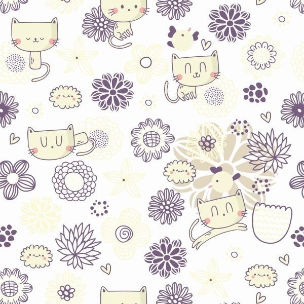 Papel De Parede Adesivo Lavável Gatos E Flores 15m - 1
