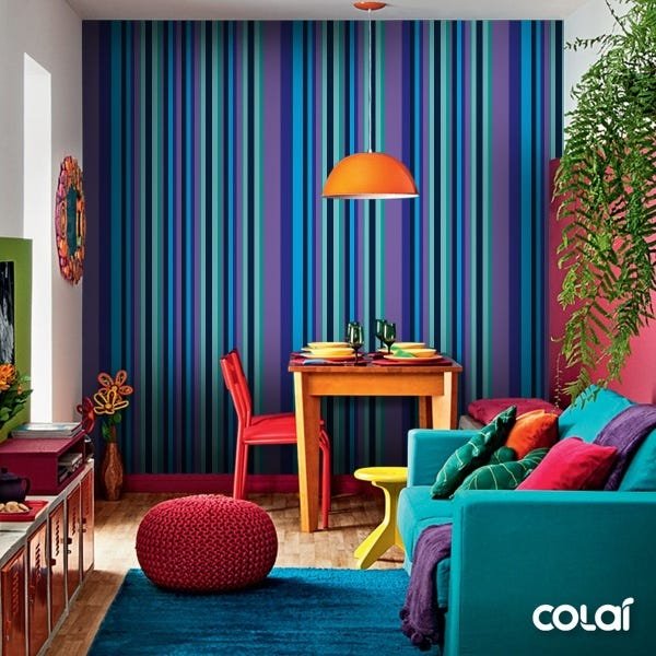 Papel De Parede Adesivo Lavável Listrado Azul Neon 6m - 5