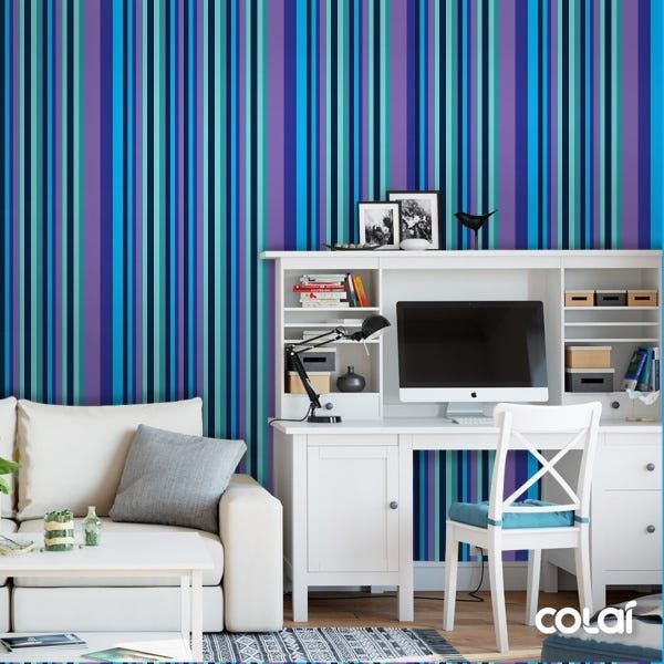 Papel De Parede Adesivo Lavável Listrado Azul Neon 6m - 2