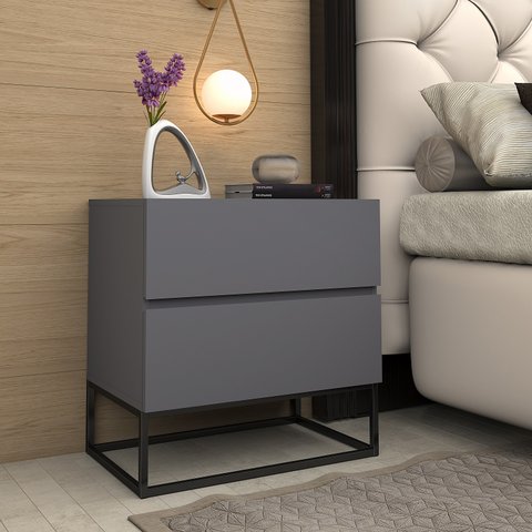 Mesa de Cabeceira Eros 45 Cinza Fosco Estilo Industrial com 2 Gavetas Puxadores Cava Pé Metal Preto