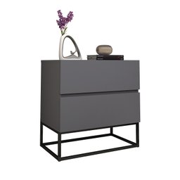 Mesa de Cabeceira Eros 45 Cinza Fosco Estilo Industrial com 2 Gavetas Puxadores Cava Pé Metal Preto - 2