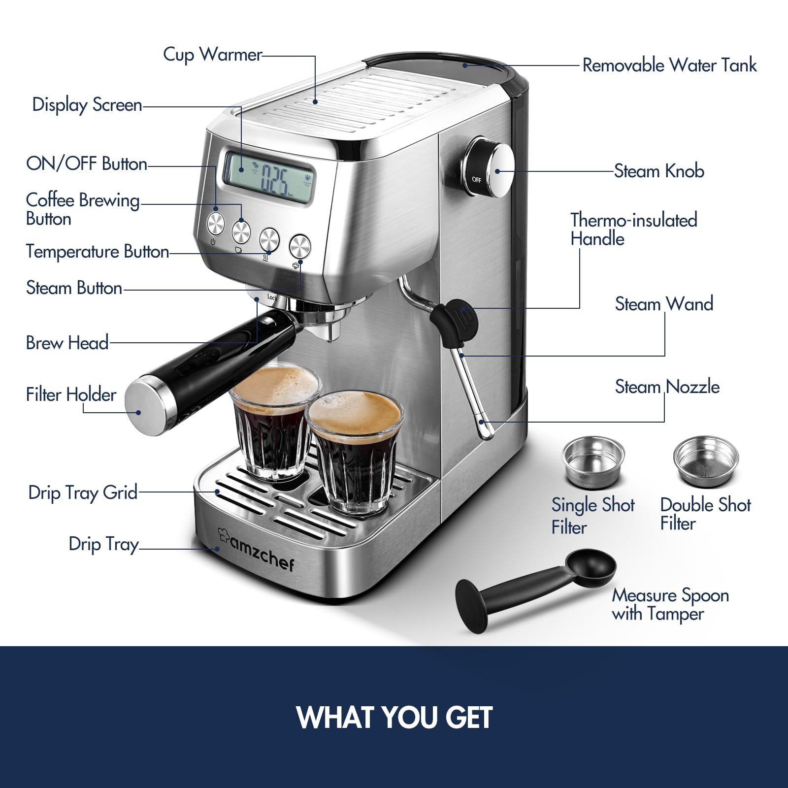 Máquina de Espresso Amzchef com Espumador de Leite e Painel Lcd (prata) - 5