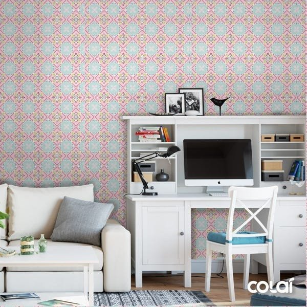 Papel De Parede Adesivo Lavável Arabesco Rosa E Verde 9m - 2