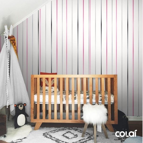 Papel De Parede Lavável Listrado Rosa, Cinza E Preto 3m - 7