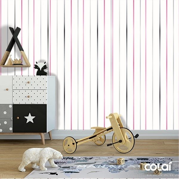 Papel De Parede Lavável Listrado Rosa, Cinza E Preto 3m - 6
