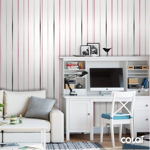 Papel De Parede Lavável Listrado Rosa, Cinza E Preto 3m - 2