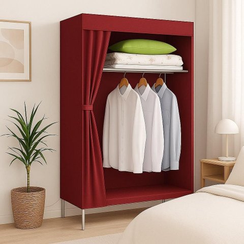 Organizador Portatil Guarda Roupa Arara Cabideiro Compacto Multiuso Vermelho Prateleiras Quarto Clos