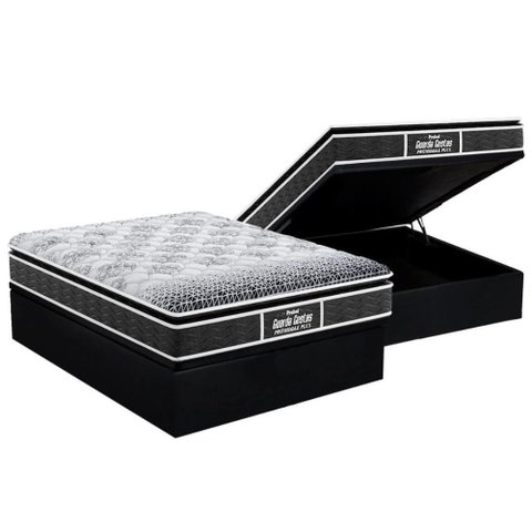 Cama Box Baú Casal: Colchão Anatômico D28 - Ep Guarda Costas Pillow + Base Crc Suede Black(
