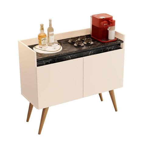 Aparador Buffet Gold Marmorizado 2 Portas Pés Madeira Maciça Off White/marmore Preto