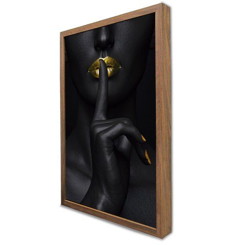 Quadro Decorativo Mulher Silêncio Dourado em Moldura Caixa Tacolado Moldura Caixa 3cm Madeira sem Vi