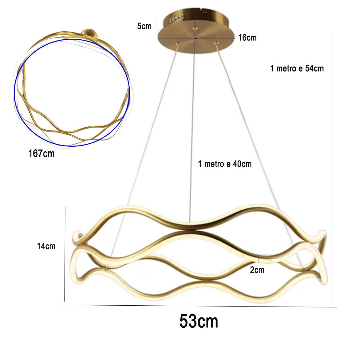 Luminaria Pendente 3 em 1 Lustre Ondas Infinito 52W Led Arco Aneis Dourado Residencial Comercial Sal - 14