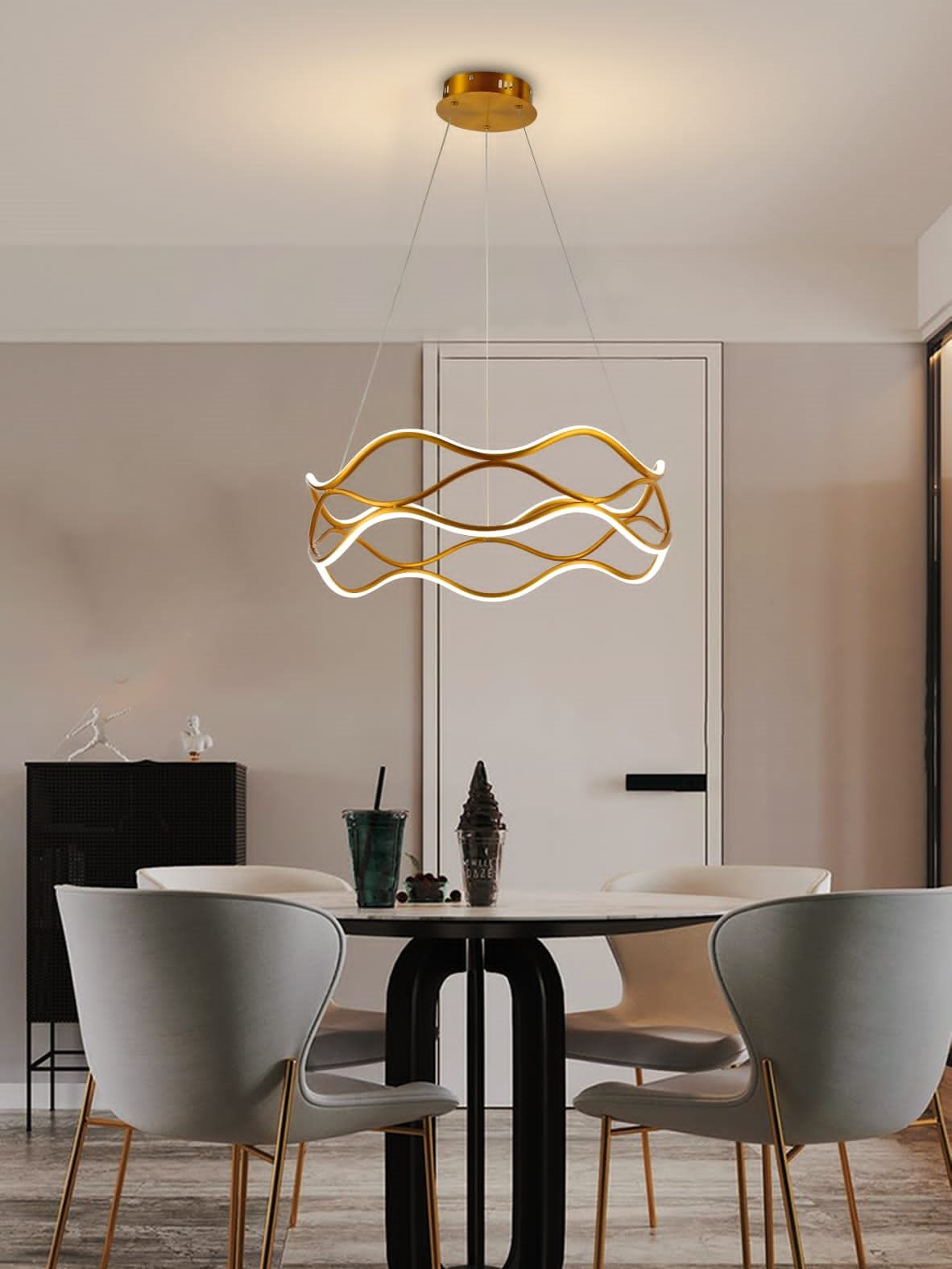 Luminaria Pendente 3 em 1 Lustre Ondas Infinito 52W Led Arco Aneis Dourado Residencial Comercial Sal - 3