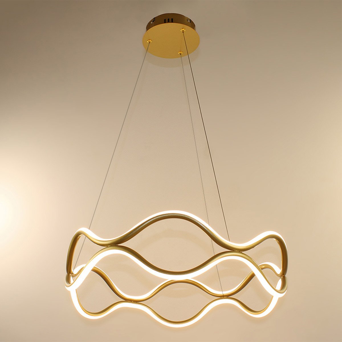 Luminaria Pendente 3 em 1 Lustre Ondas Infinito 52W Led Arco Aneis Dourado Residencial Comercial Sal - 5