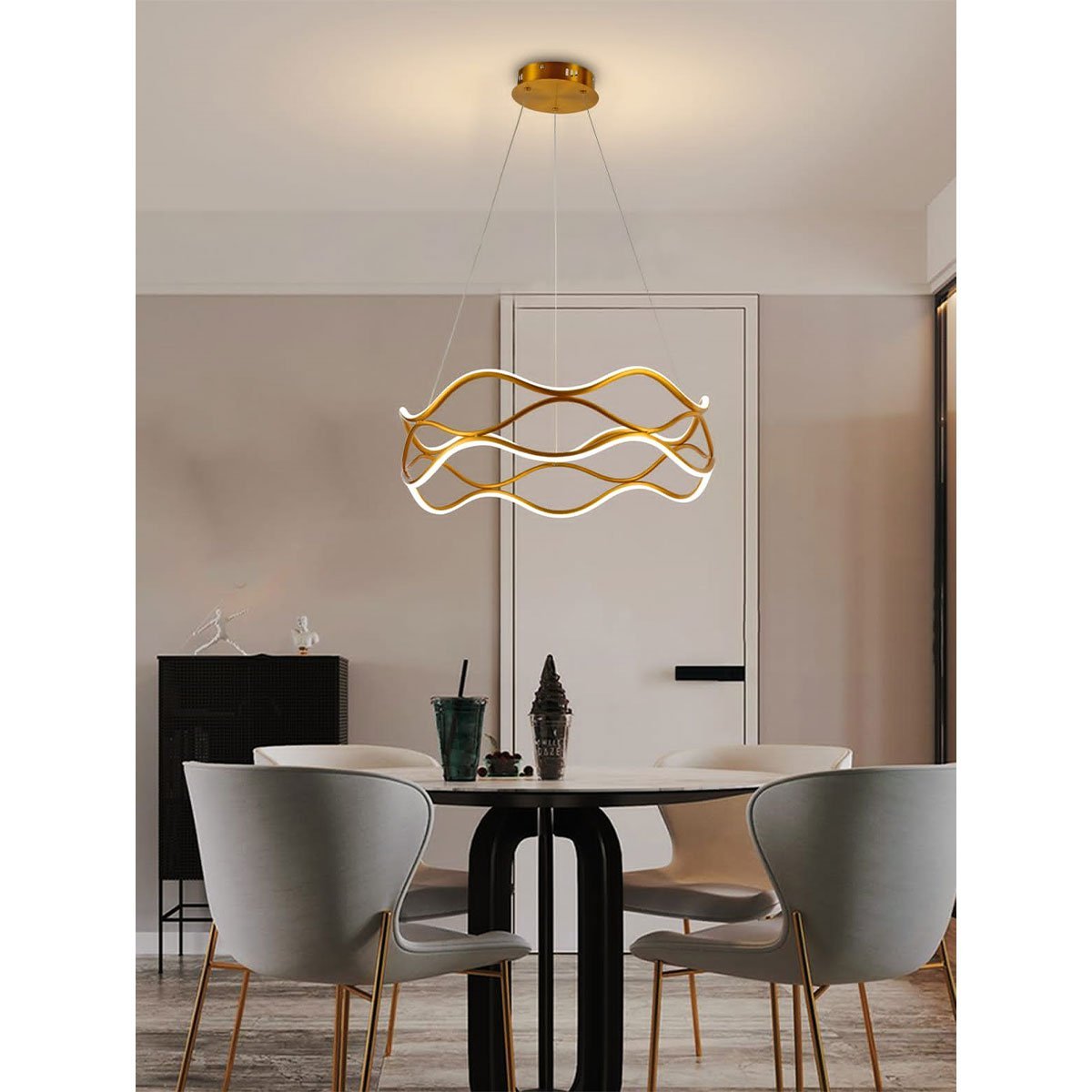 Luminaria Pendente 3 em 1 Lustre Ondas Infinito 52W Led Arco Aneis Dourado Residencial Comercial Sal - 8