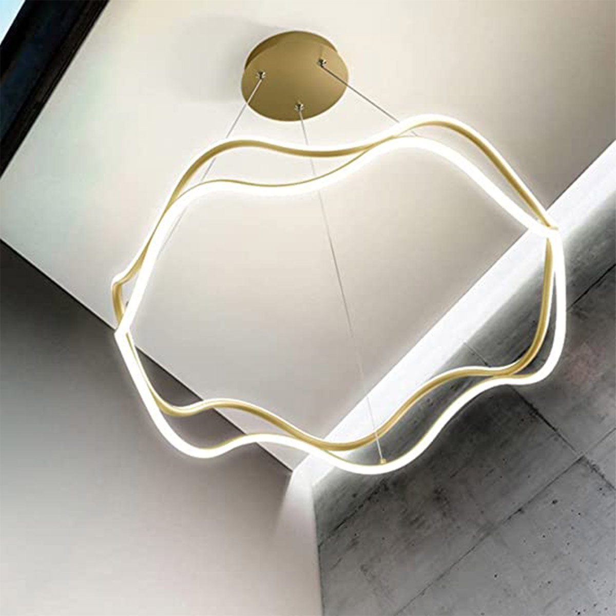 Luminaria Pendente 3 em 1 Lustre Ondas Infinito 52W Led Arco Aneis Dourado Residencial Comercial Sal - 10