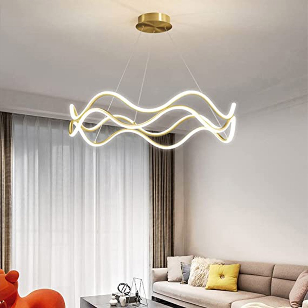 Luminaria Pendente 3 em 1 Lustre Ondas Infinito 52W Led Arco Aneis Dourado Residencial Comercial Sal - 4