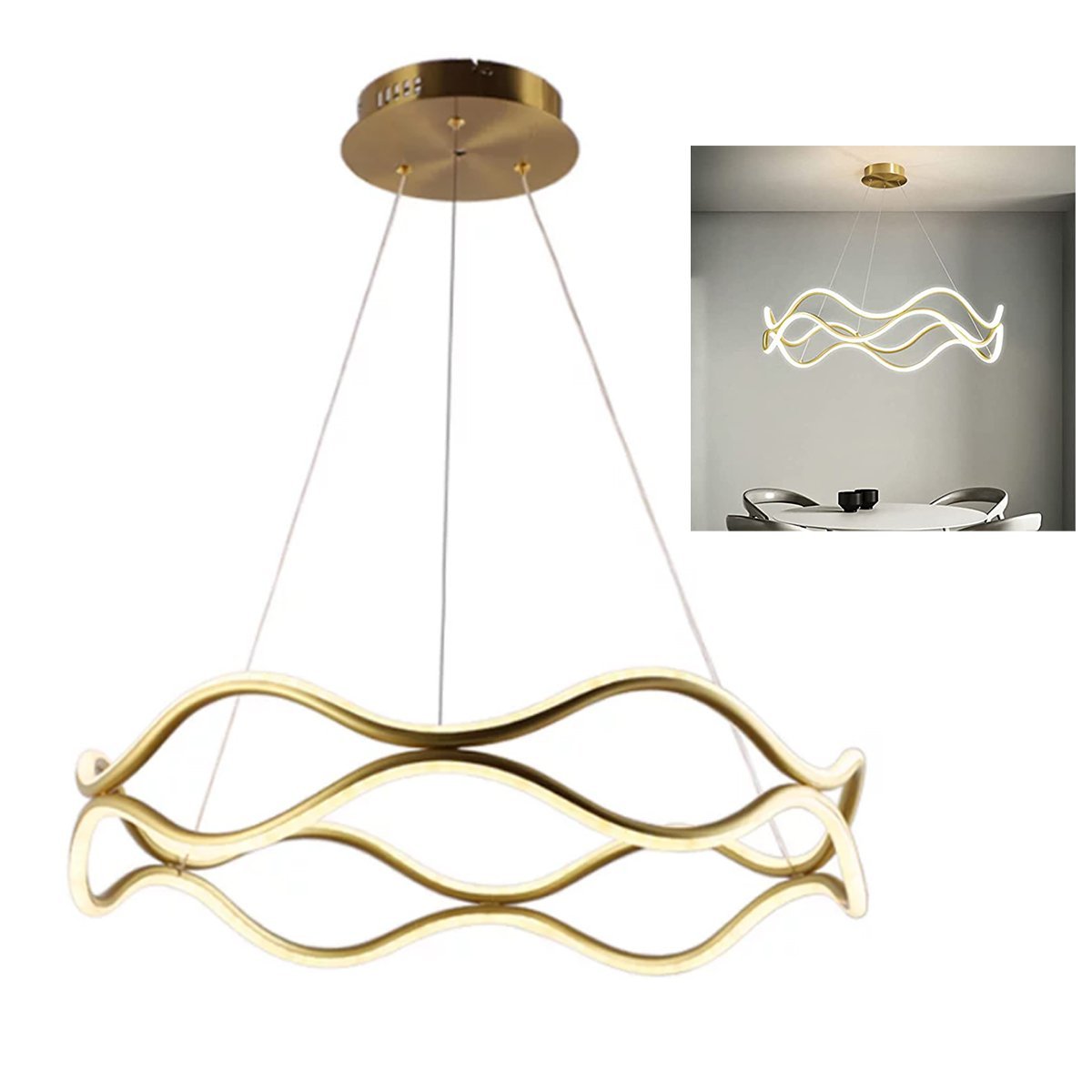 Luminaria Pendente 3 em 1 Lustre Ondas Infinito 52W Led Arco Aneis Dourado Residencial Comercial Sal