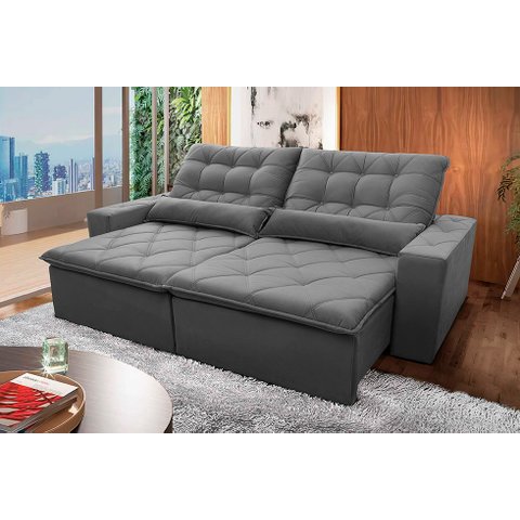Sofá Retrátil/Reclinável Islândia 2,50m Suede Velut Cinza c/ Molas no assento - King House
