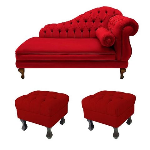 Recamier Divã Namoradeira Larissa 150cm + 2 Puffs Retrô Suede Vermelho