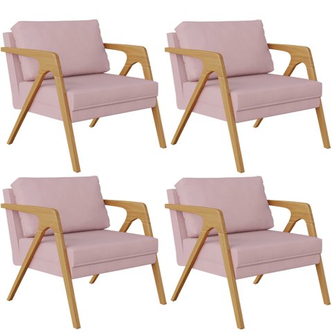 Kit 4 Poltronas Decorativas para Sala Estar Pietra Estrutura de Madeira L02 Suede Rosê - Lyam
