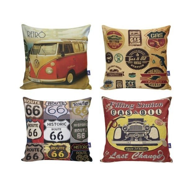 Kit com 4 Capas para Almofadas Decorativas de Sofá Carros Vintage