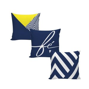 Kit com 3 Capas para Almofadas Decorativas de Sofá Fé azul, branco e amarelo